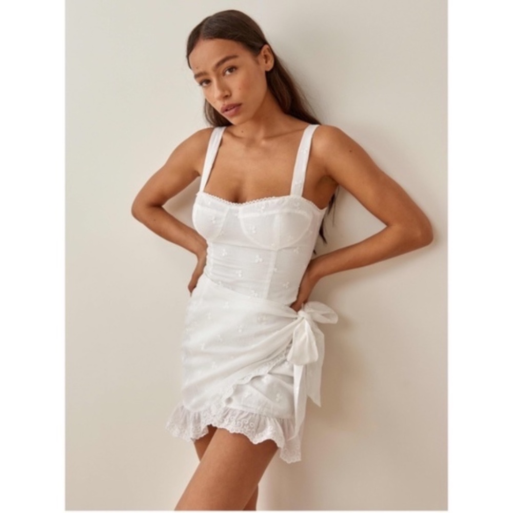 REFORMATION Ives White Cotton Embroidered Bustier Wrap Skirt Dress White Size 12